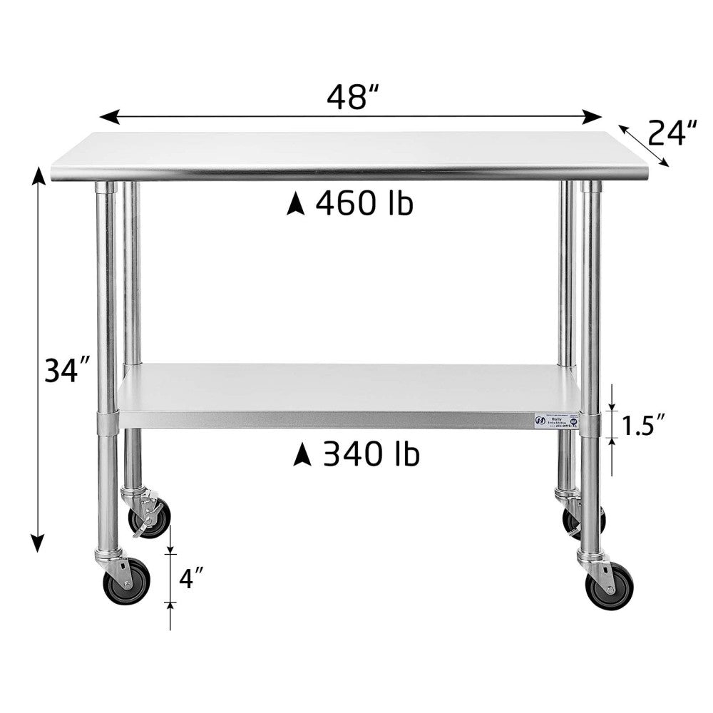 Stainless Steel Table for Prep & Work 24 x 48 Inches with Caster Wheels