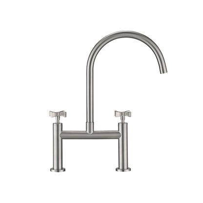 2 Handle Bridge Kitchen Faucet In Stainless Steel