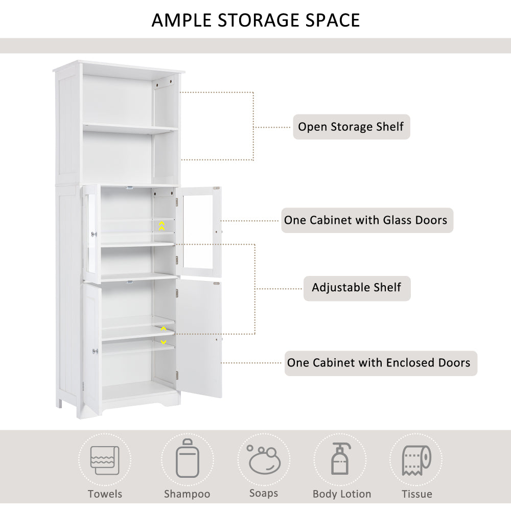 White Tall Storage Cabinet with Shelves and Doors for Bathroom, Kitchen and Living Room, MDF Board