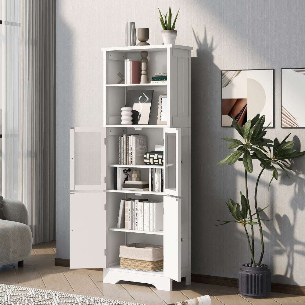 White Tall Storage Cabinet with Shelves and Doors for Bathroom, Kitchen and Living Room, MDF Board