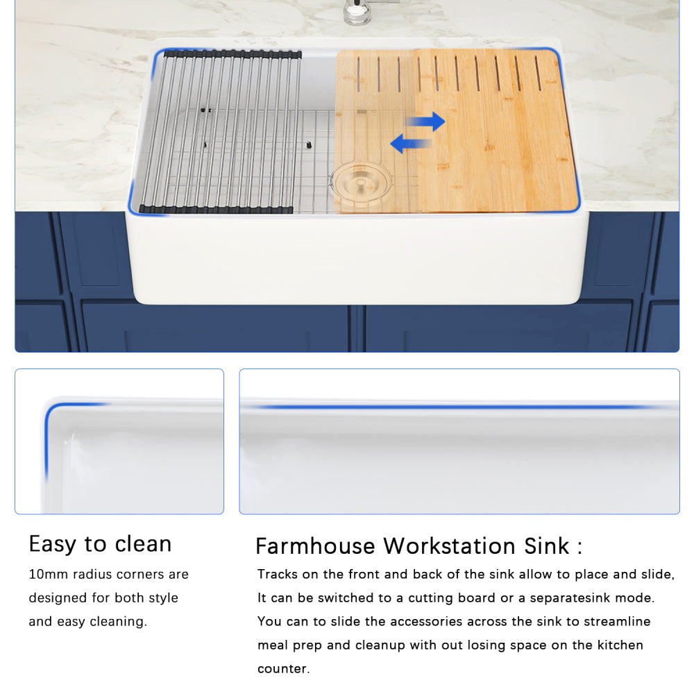 Fireclay 30" L X 20" W Workstation Farmhouse Kitchen Sink With Accessories