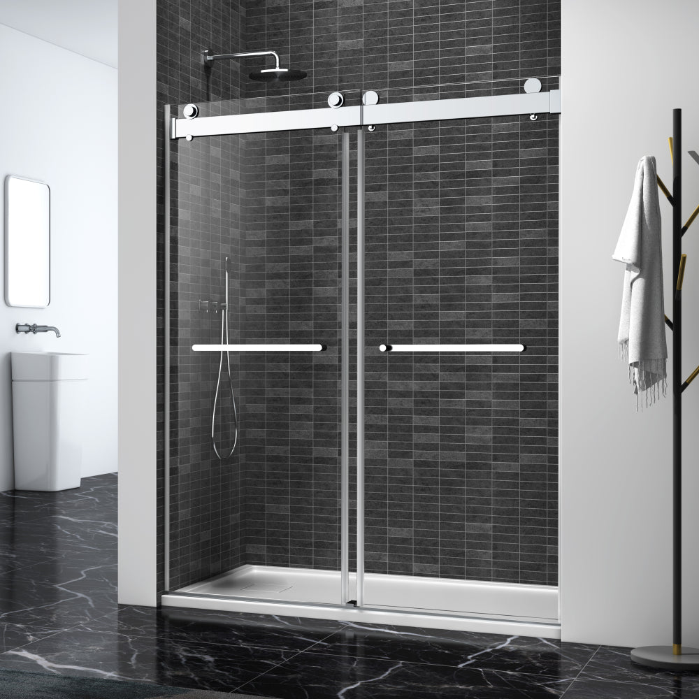68-72 x 76 Inch Double Sliding Frameless Shower Door in Brushed Nickel with Soft-Closing and 3/8 Inch Clear Glass