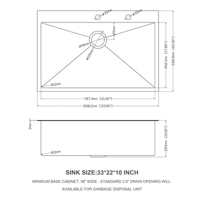 33x22 inch Kitchen Sink Drop In 16 Gauge Stainless Steel 33" Single Bowl Topmount Kitchen Sink Basin