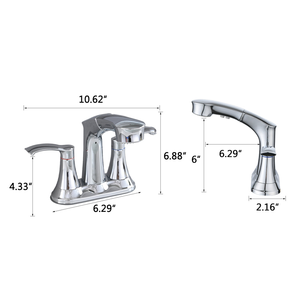 Bathroom Faucet with Pull Out Sprayer, 2 Handle 4 Inch Faucet Utility Sink Faucet, Chrome