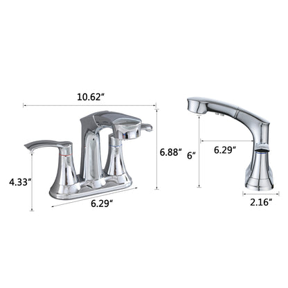 Bathroom Faucet with Pull Out Sprayer, 2 Handle 4 Inch Faucet Utility Sink Faucet, Chrome