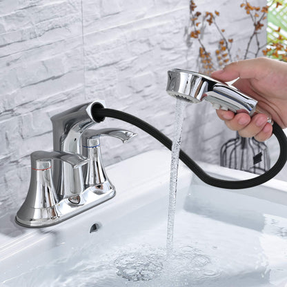 Bathroom Faucet with Pull Out Sprayer, 2 Handle 4 Inch Faucet Utility Sink Faucet, Chrome