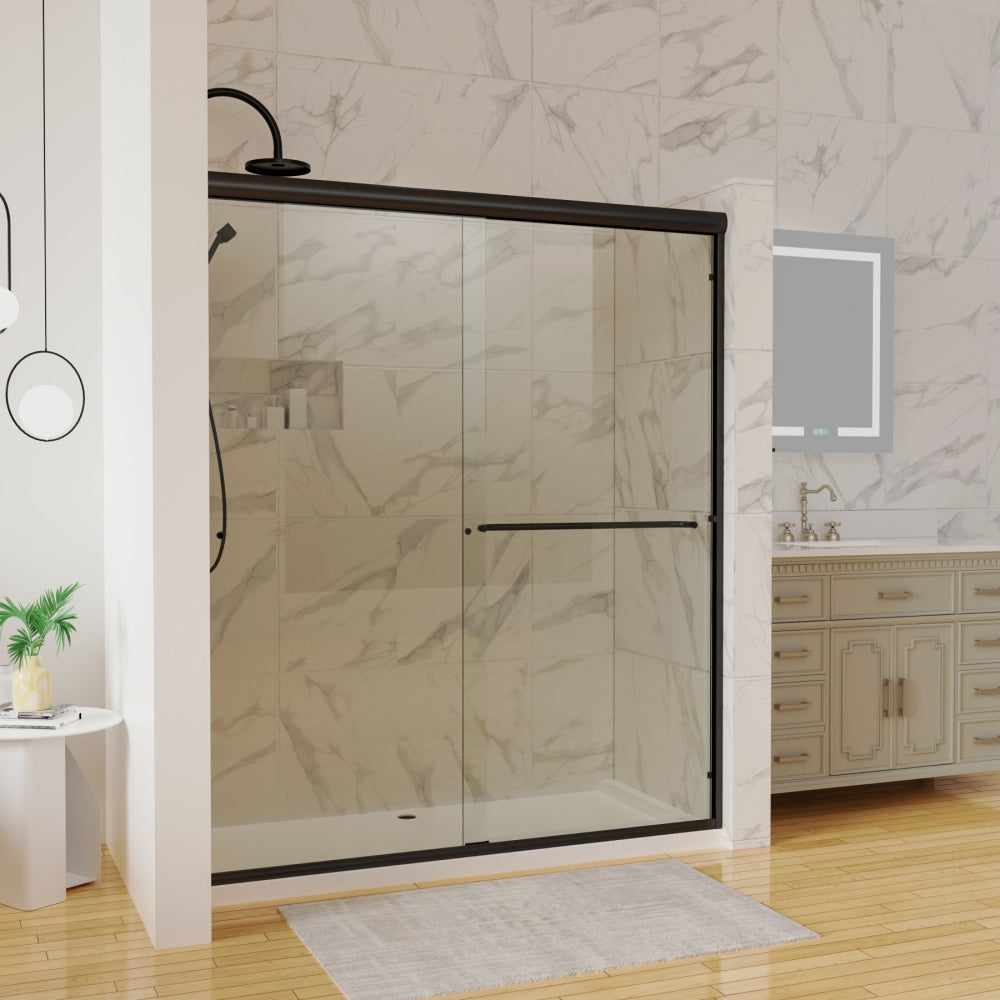 60 in. x 70 in. Traditional Sliding Shower Door in Matte black with Clear Glass