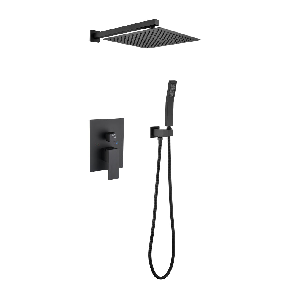 Shower System, 10-Inch Matte Black Full Body Shower System with Body Jets, Square Rainfall Shower Head, Handheld Shower, and 3 Functions Pressure Balance Shower Valve, Bathroom Luxury Faucet Set.