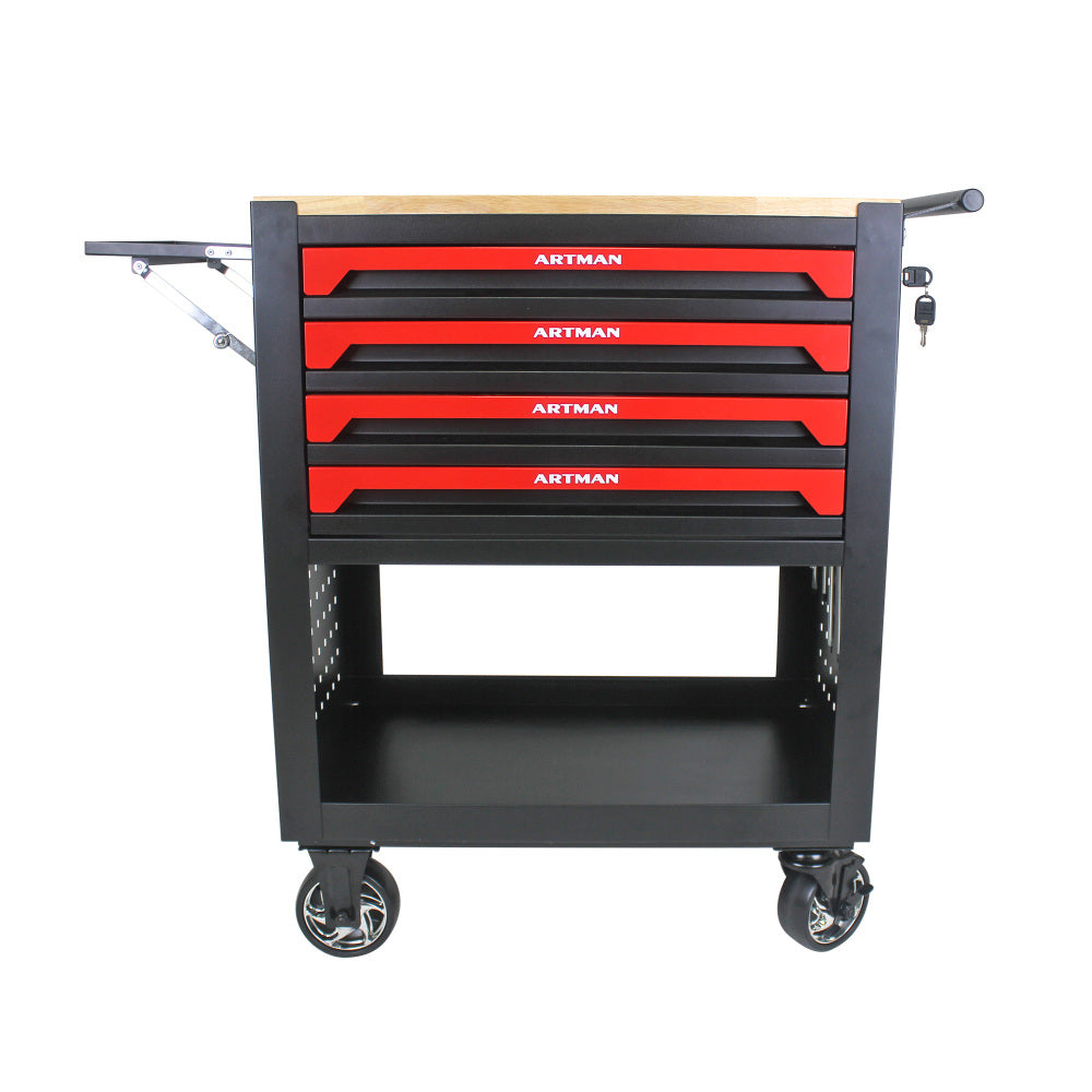 4 DRAWERS MULTIFUNCTIONAL TOOL CART WITH WHEELS AND WOODEN TOP-ORANGE