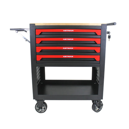 4 DRAWERS MULTIFUNCTIONAL TOOL CART WITH WHEELS AND WOODEN TOP-ORANGE