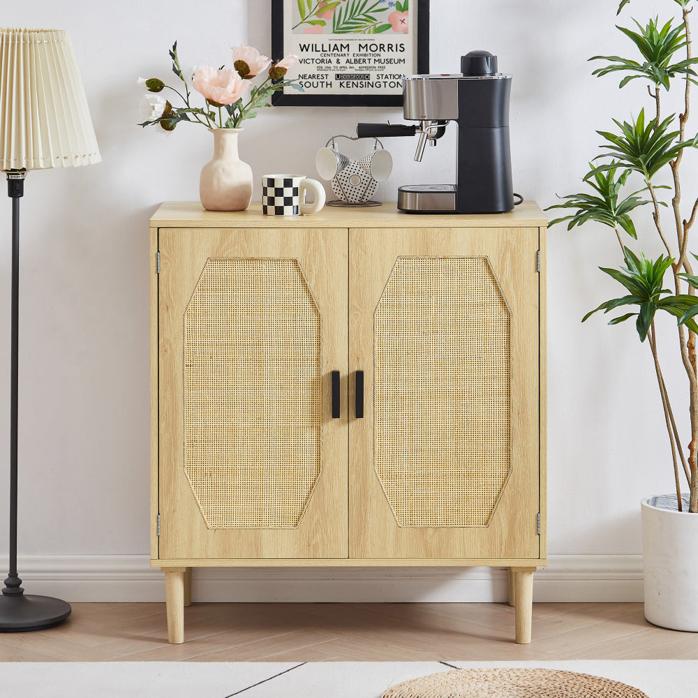 Bedroom dresser, 8 Double Dresser with rattan drawers, wood chest of drawers for kids room, living room, entry and hallway, Natural, 47.2''W x 15.8''D x 37.4''H.
