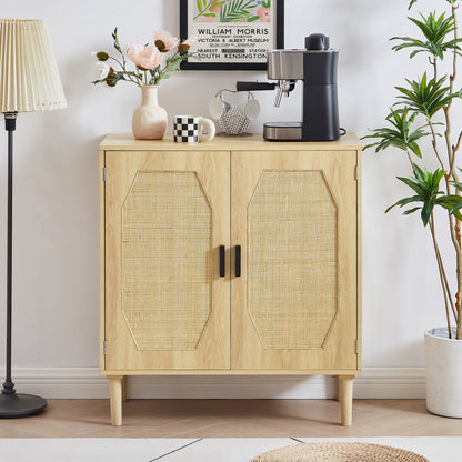 Bedroom dresser, 8 Double Dresser with rattan drawers, wood chest of drawers for kids room, living room, entry and hallway, Natural, 47.2''W x 15.8''D x 37.4''H.