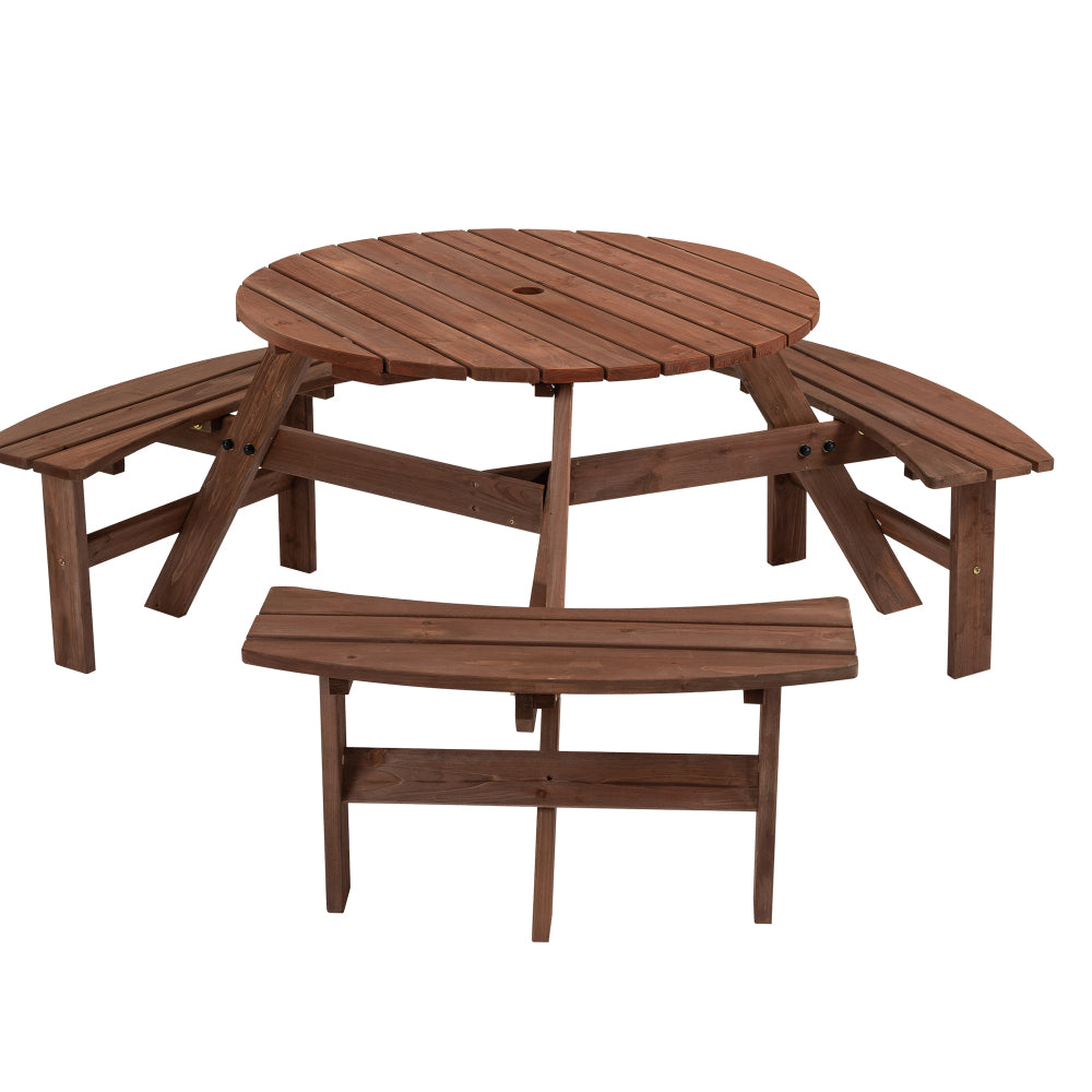 8 Person Brown Wooden Picnic Table, Outdoor Camping Dining Table with 2 Seats, Garden, DIY with 2 Built-in Benches, 2220lb Capacity