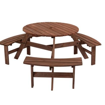 8 Person Brown Wooden Picnic Table, Outdoor Camping Dining Table with 2 Seats, Garden, DIY with 2 Built-in Benches, 2220lb Capacity