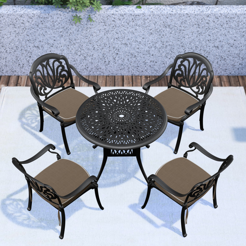 Ø35.43-inch Cast Aluminum Patio Dining Table With Black Frame and Umbrella Hole