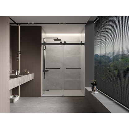 56 to 60 in. W x 76 in. H Double Sliding Frameless Soft-Close Shower Door with Premium 3/8 Inch (10mm) Thick Tampered Glass and Easy-cleaning Coating, Stainless Steel in Matte Black 22D02-60MB