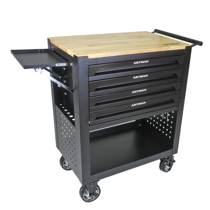 4 DRAWERS MULTIFUNCTIONAL TOOL CART WITH WHEELS AND WOODEN TOP-BLACK