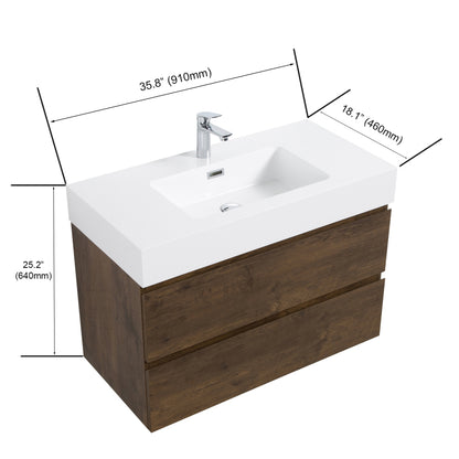 Alice 36" Walnut Bathroom Vanity with Sink, Large Storage Wall Mounted Floating Bathroom Vanity for Modern Bathroom, One-Piece White Sink Basin without Drain and Faucet, Pre-assembled