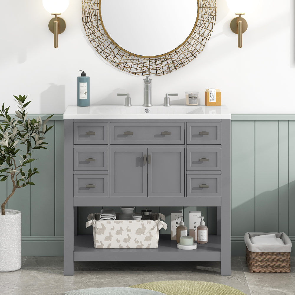 36'' Bathroom Vanity with Top Sink, Modern Bathroom Storage Cabinet with 2 Soft Closing Doors and 6 Drawers, Single Sink Bathroom Vanity (Same as SW000116AAE)