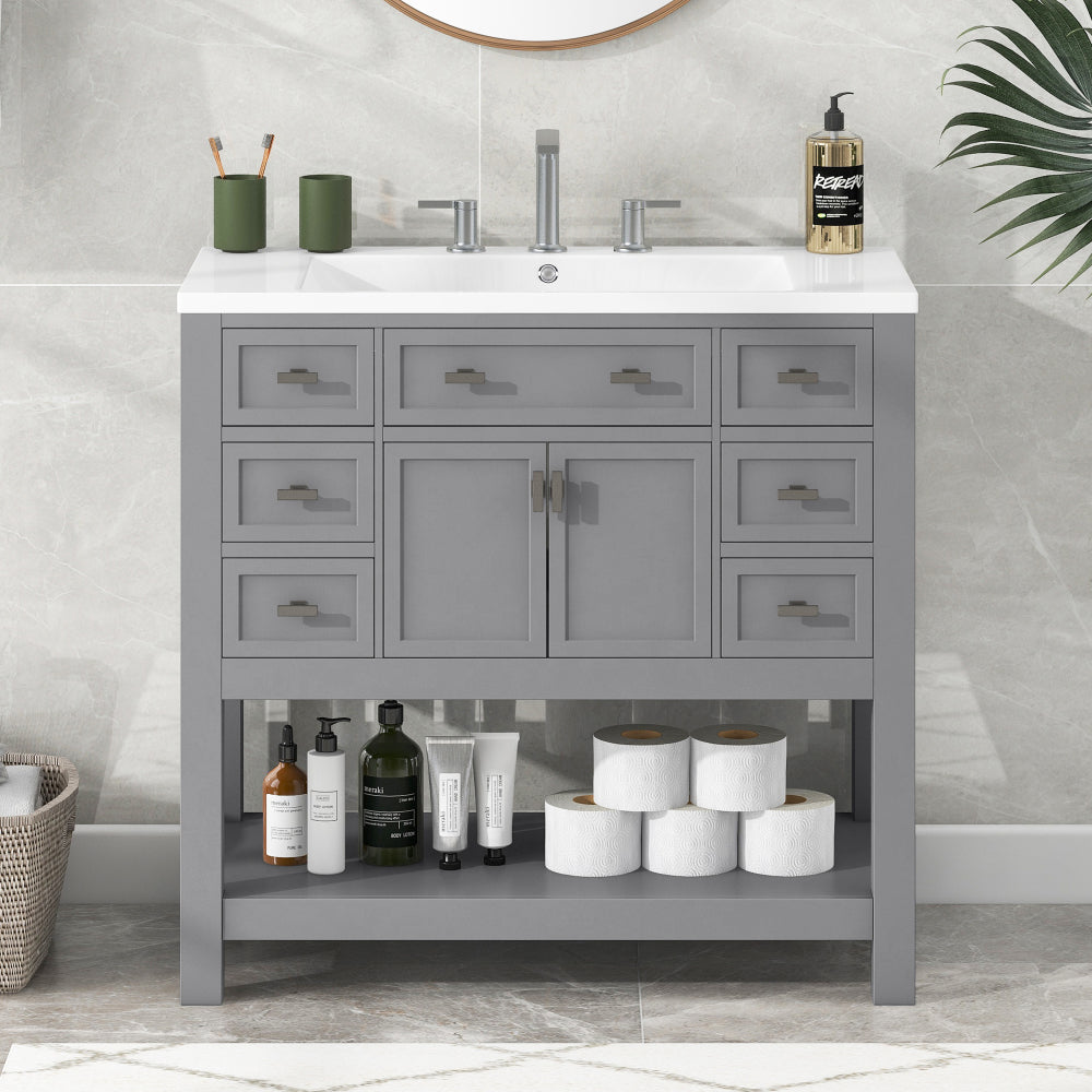 36'' Bathroom Vanity with Top Sink, Modern Bathroom Storage Cabinet with 2 Soft Closing Doors and 6 Drawers, Single Sink Bathroom Vanity (Same as SW000116AAE)