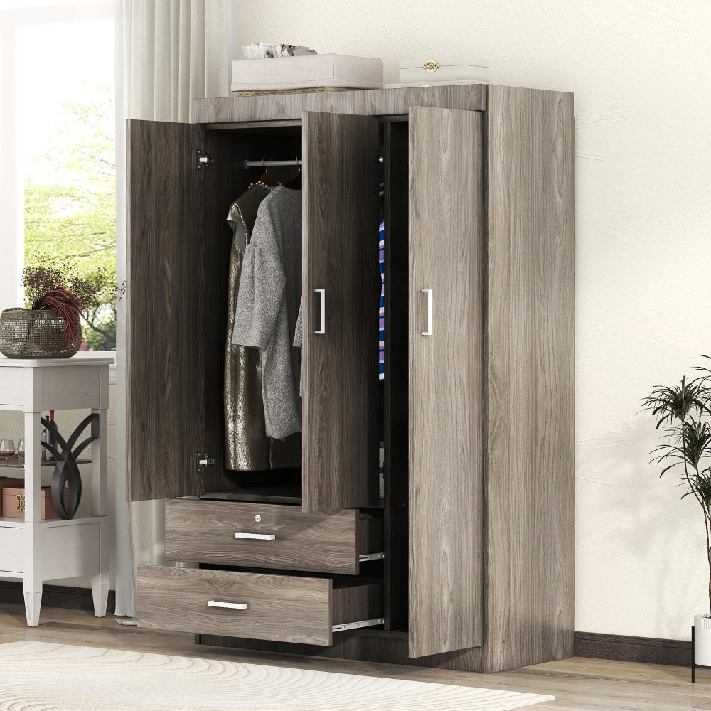 3-Door Mirror  Wardrobe with 2 Drawers and Top Cabinet,Gray