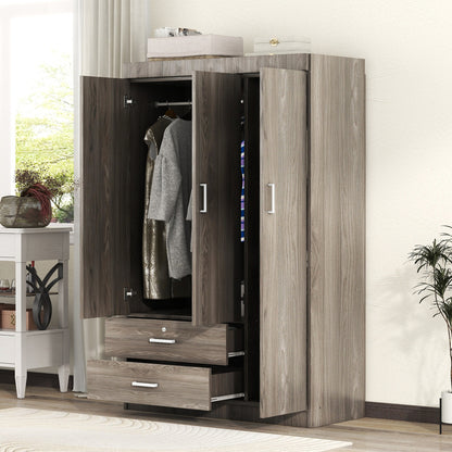 3-Door Mirror  Wardrobe with 2 Drawers and Top Cabinet,Gray