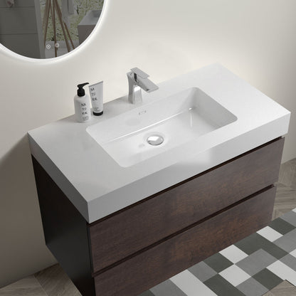 Alice 36" Walnut Bathroom Vanity with Sink, Large Storage Wall Mounted Floating Bathroom Vanity for Modern Bathroom, One-Piece White Sink Basin without Drain and Faucet, Pre-assembled