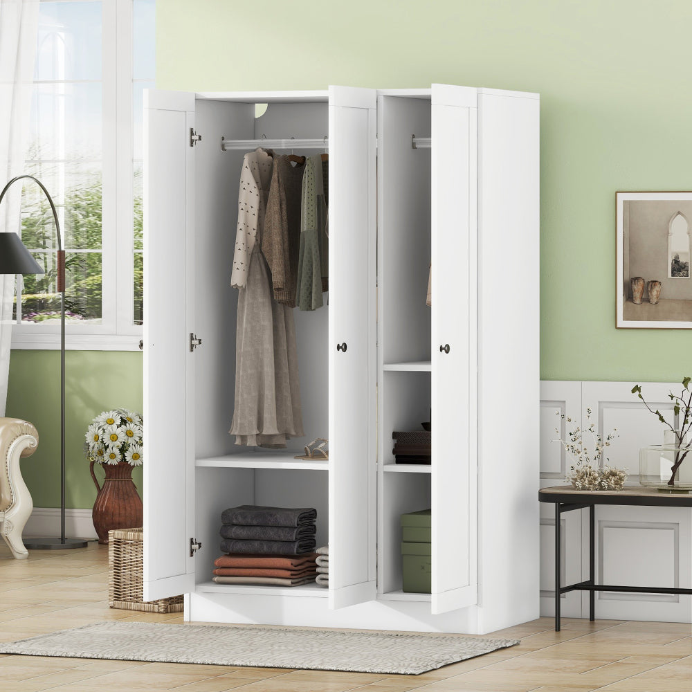 3-Door Mirror  Wardrobe with 2 Drawers and Top Cabinet,White