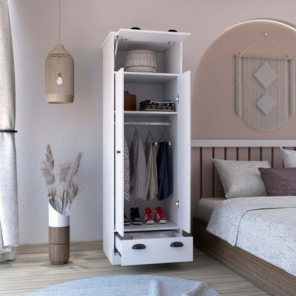 Dresser-closet with upper storage covered with 1 door, 2 central shelves, 1 tube for hanging clothes covered by 2 doors, 1 drawer at the bottom, White