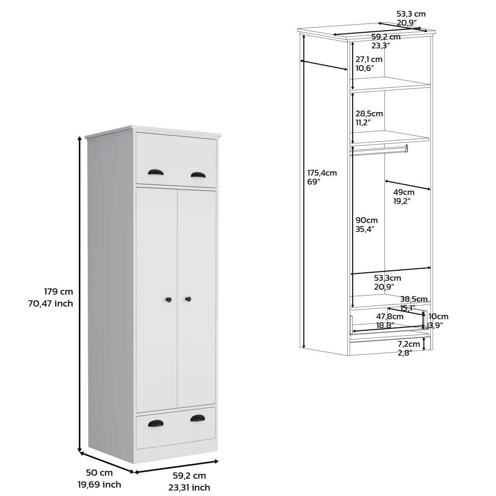 Dresser-closet with upper storage covered with 1 door, 2 central shelves, 1 tube for hanging clothes covered by 2 doors, 1 drawer at the bottom, White