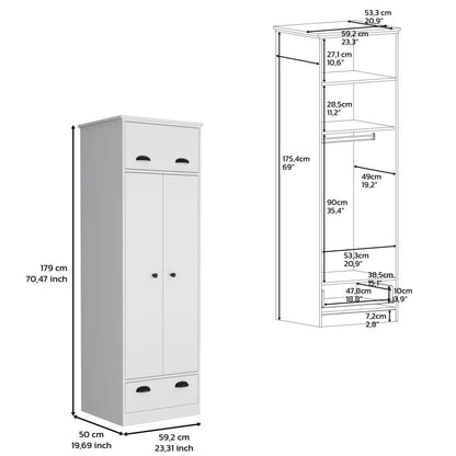 Dresser-closet with upper storage covered with 1 door, 2 central shelves, 1 tube for hanging clothes covered by 2 doors, 1 drawer at the bottom, White