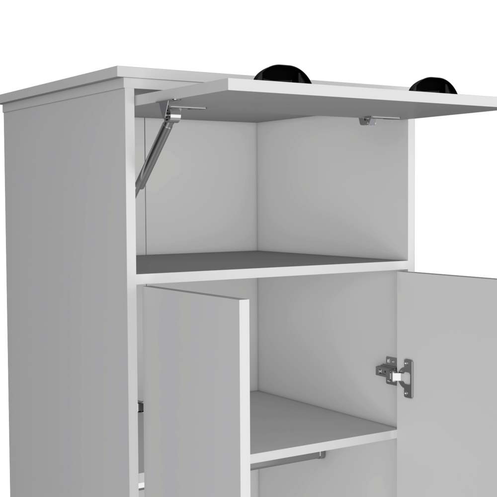 Dresser-closet with upper storage covered with 1 door, 2 central shelves, 1 tube for hanging clothes covered by 2 doors, 1 drawer at the bottom, White