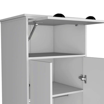Dresser-closet with upper storage covered with 1 door, 2 central shelves, 1 tube for hanging clothes covered by 2 doors, 1 drawer at the bottom, White