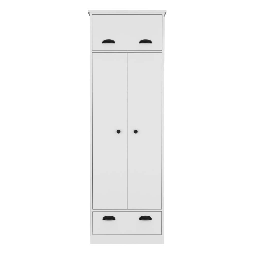 Dresser-closet with upper storage covered with 1 door, 2 central shelves, 1 tube for hanging clothes covered by 2 doors, 1 drawer at the bottom, White