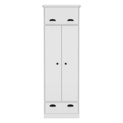 Dresser-closet with upper storage covered with 1 door, 2 central shelves, 1 tube for hanging clothes covered by 2 doors, 1 drawer at the bottom, White