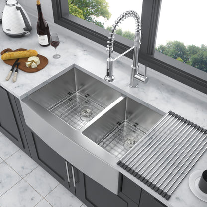 Double Bowl (60/40) Farmhouse Sink - 33"x21"x10" Stainless Steel Apron Front Kitchen Sink 16 Gauge with Two 10" Deep Basin