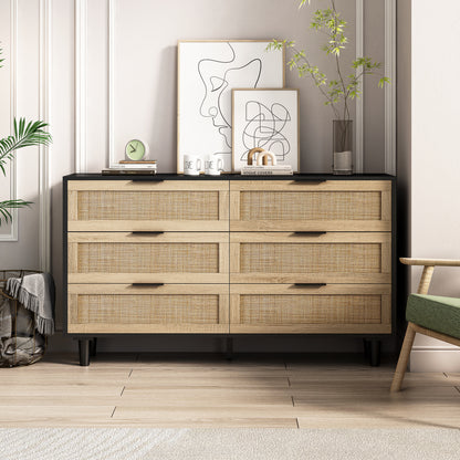 51" Rattan Dresser with Drawers, 6 Drawer Dresser for Bedroom, Clothes Storage Cabinet for Bedroom, Metal Handle&Wood Legs for Hallway, Living Room, Bedroom,Natural