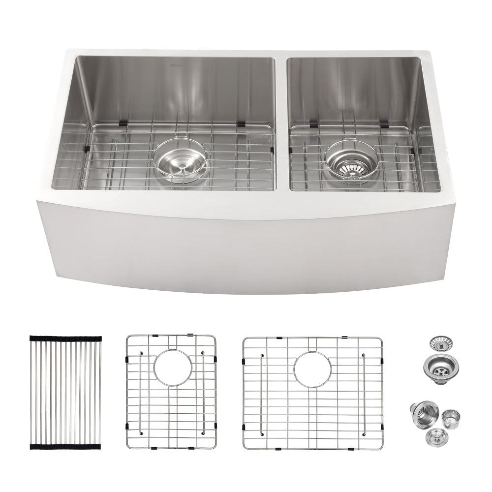 Double Bowl (60/40) Farmhouse Sink - 33"x21"x10" Stainless Steel Apron Front Kitchen Sink 16 Gauge with Two 10" Deep Basin