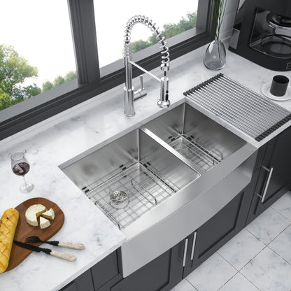 Double Bowl (60/40) Farmhouse Sink - 33"x21"x10" Stainless Steel Apron Front Kitchen Sink 16 Gauge with Two 10" Deep Basin