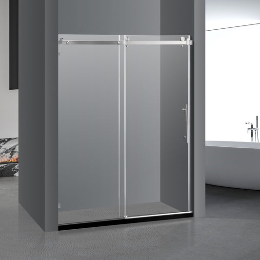 56-60" x76" H Frameless Sliding Bathtub Door, Tub Shower Door, 3/8"(10mm) Clear Tempered Glass, Brushed Nickel Finish, Big Rollers, Square Rail, Self-cleaning coating on both sides