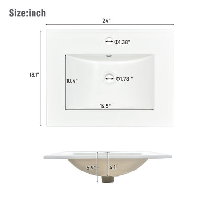 [Sink Only]24x18 inch rectangular single hole bathroom ceramic sink, vanity top sink only, white (faucet and cabinet not included)