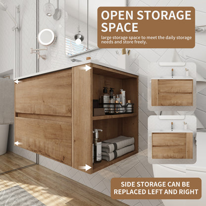 30" Wall Mounting Bathroom Vanity With Ceramic Sink, 2-Soft Close Drawer