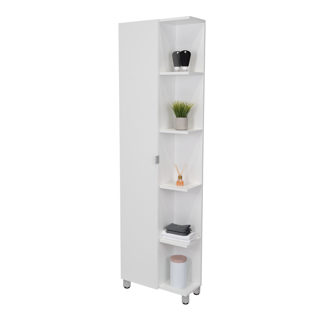 Corner Cabinet Womppi, Five Open Shelves, Single Door, White Finish
