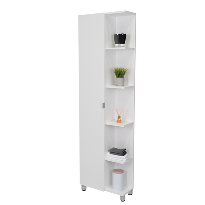 Corner Cabinet Womppi, Five Open Shelves, Single Door, White Finish