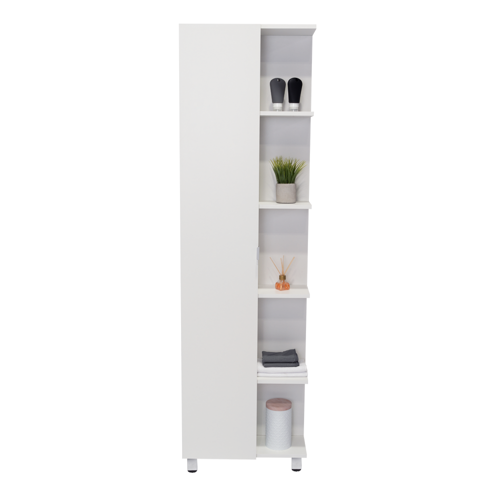 Corner Cabinet Womppi, Five Open Shelves, Single Door, White Finish