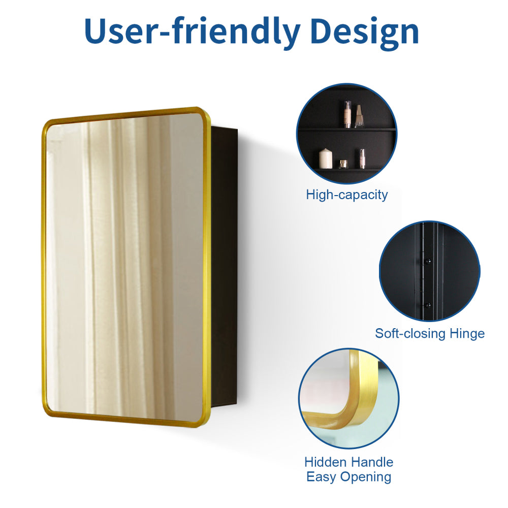 24x30 inch Gold Metal Framed Wall mount or Recessed Bathroom Medicine Cabinet with Mirror