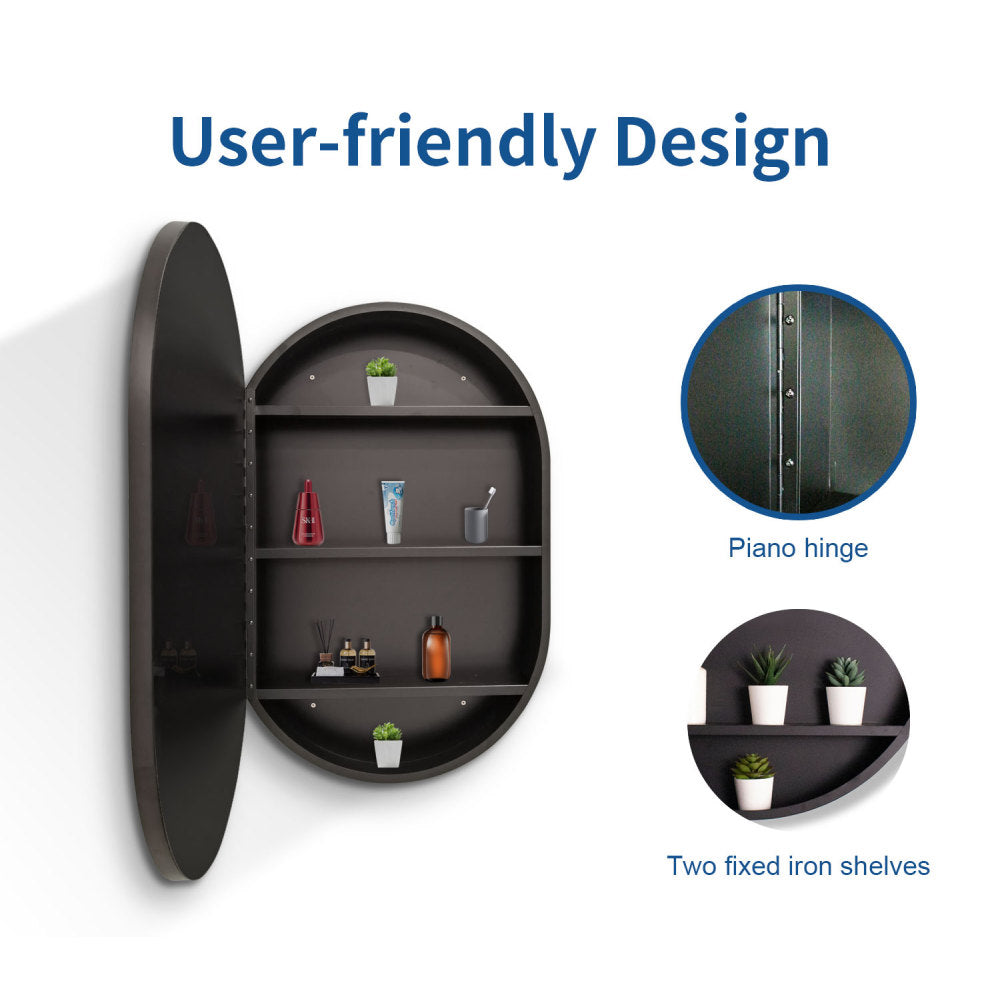 31x21 inch Oval Black Metal Framed Wall mount Bathroom Medicine Cabinet with Mirror
