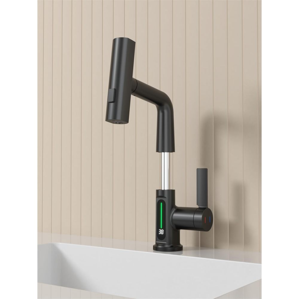 Pull-Out Lift LED Temperature Digital Display Bathroom Basin Faucet, Single Handle 360° Rotatable Waterfall 3-in-1 Basin Tap with Adjustable Height - Matte Black