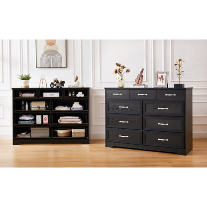 Bedroom dresser, 9 drawer long dresser with antique handles, wood chest of drawers for kids room, living room, entry and hallway, Black, 47.56''W x 15.75''D x 34.45''H.