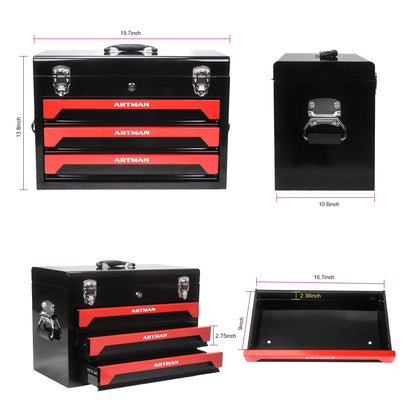 20" Portable 3 Drawer Steel Tool Box with Metal Latch Closure, Black&Red